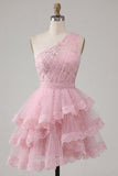 Pink One Shoulder A-Line Cocktail Dress with Ruffles