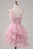 Pink One Shoulder A-Line Cocktail Dress with Ruffles