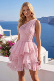 Pink One Shoulder A-Line Cocktail Dress with Ruffles