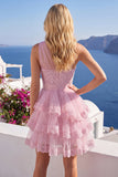 Pink One Shoulder A-Line Cocktail Dress with Ruffles