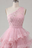 Pink One Shoulder A-Line Cocktail Dress with Ruffles