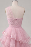Pink One Shoulder A-Line Cocktail Dress with Ruffles