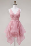 Pink Asymmetrical A-Line V-Neck Cocktail Dress