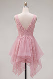 Pink Asymmetrical A-Line V-Neck Cocktail Dress
