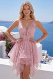 Pink Asymmetrical A-Line V-Neck Cocktail Dress