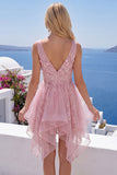 Pink Asymmetrical A-Line V-Neck Cocktail Dress