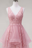 Pink Asymmetrical A-Line V-Neck Cocktail Dress