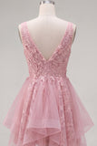 Pink Asymmetrical A-Line V-Neck Cocktail Dress