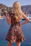 Blue Floral One Shoulder A-Line Cocktail Dress with Bow