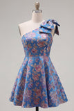 Blue Floral One Shoulder A-Line Cocktail Dress with Bow