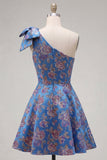 Blue Floral One Shoulder A-Line Cocktail Dress with Bow