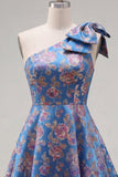 Blue Floral One Shoulder A-Line Cocktail Dress with Bow
