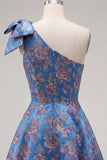 Blue Floral One Shoulder A-Line Cocktail Dress with Bow