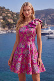 Blue Floral One Shoulder A-Line Cocktail Dress with Bow