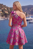 Blue Floral One Shoulder A-Line Cocktail Dress with Bow
