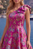 Blue Floral One Shoulder A-Line Cocktail Dress with Bow