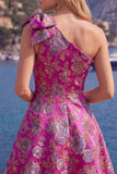 Blue Floral One Shoulder A-Line Cocktail Dress with Bow