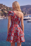 Blue Floral One Shoulder A-Line Cocktail Dress with Bow