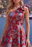Blue Floral One Shoulder A-Line Cocktail Dress with Bow