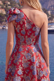Blue Floral One Shoulder A-Line Cocktail Dress with Bow