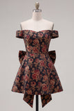 Black Off the Shoulder Floral A-Line Cocktail Party Dress with Bow