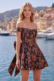 Black Off the Shoulder Floral A-Line Cocktail Party Dress with Bow