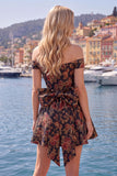 Black Off the Shoulder Floral A-Line Cocktail Party Dress with Bow