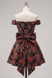 Black Off the Shoulder Floral A-Line Cocktail Party Dress with Bow