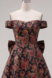 Black Off the Shoulder Floral A-Line Cocktail Party Dress with Bow