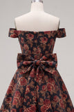 Black Off the Shoulder Floral A-Line Cocktail Party Dress with Bow