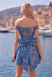 Black Off the Shoulder Floral A-Line Cocktail Party Dress with Bow