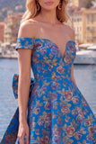 Black Off the Shoulder Floral A-Line Cocktail Party Dress with Bow