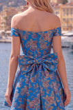 Black Off the Shoulder Floral A-Line Cocktail Party Dress with Bow