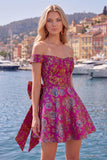 Black Off the Shoulder Floral A-Line Cocktail Party Dress with Bow