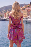 Black Off the Shoulder Floral A-Line Cocktail Party Dress with Bow