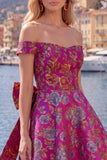 Black Off the Shoulder Floral A-Line Cocktail Party Dress with Bow