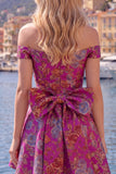 Black Off the Shoulder Floral A-Line Cocktail Party Dress with Bow