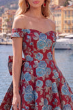 Black Off the Shoulder Floral A-Line Cocktail Party Dress with Bow