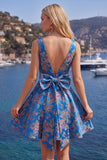 Red A-Line Floral V-Neck Cocktail Dress with Bow