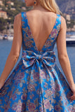 Red A-Line Floral V-Neck Cocktail Dress with Bow
