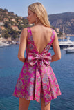 Red A-Line Floral V-Neck Cocktail Dress with Bow