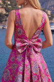 Red A-Line Floral V-Neck Cocktail Dress with Bow