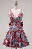 Red A-Line Floral V-Neck Cocktail Dress with Bow