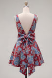 Red A-Line Floral V-Neck Cocktail Dress with Bow