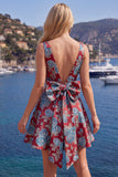 Red A-Line Floral V-Neck Cocktail Dress with Bow