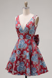Red A-Line Floral V-Neck Cocktail Dress with Bow