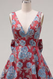 Red A-Line Floral V-Neck Cocktail Dress with Bow