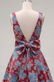 Red A-Line Floral V-Neck Cocktail Dress with Bow