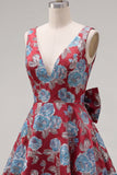 Red A-Line Floral V-Neck Cocktail Dress with Bow
