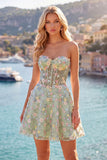 Green Sweetheart Floral Sheer Corset A-Line Graduation Dress